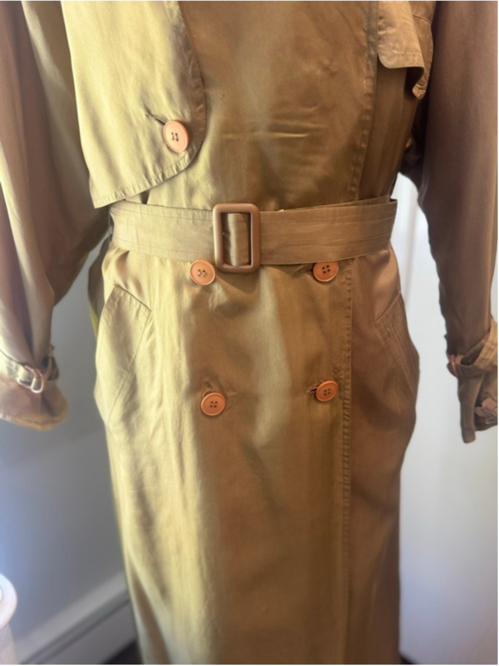 Vintage Silk Trench Coat Gold Bronze olive Iridescent Belted Duster Women’s L - Picture 6 of 16